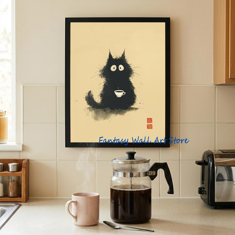 Japanese Eating Lifestyle - Affiche fantaisiste d'art de chat japonais,